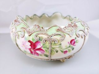 Antique Nippon Porcelain Moriage Hand Painted Beaded Raised Ruffled Edge Bowl