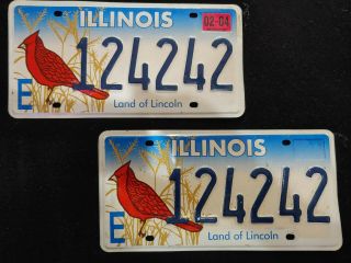 Pair Illinois Red Cardinal License Plate - Repeating Number 124242