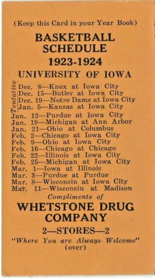 University Of Iowa - Football Basketball Schedule - 1923 Whetstone Drug Co