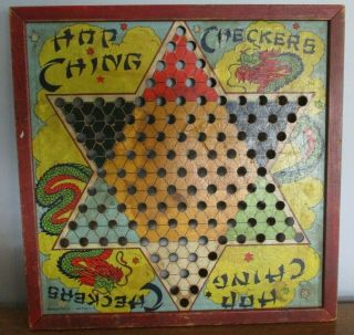 Vintage Chinese Checker Game Board Hop Ching Pressman York 