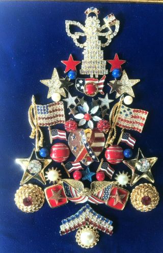 Vintage Jewelry Patriotic Christmas Tree Art Framed Ooak By Clara 101/4 X 121/4 "