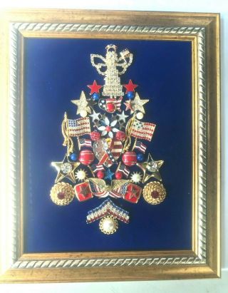 Vintage Jewelry Patriotic Christmas Tree Art Framed OOAK by Clara 101/4 x 121/4 
