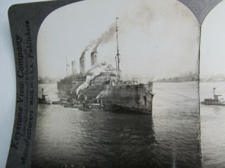 4 Antique WWI Stereo Photos,  Largest Ship,  Artillery Gun,  Building Barbed Wire 2