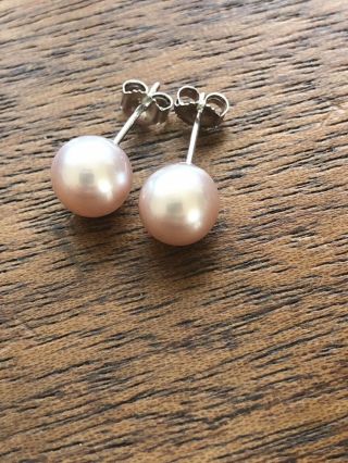 Vintage Antique Solid 14k White Gold 7mm Round Pink Pearl Stud Earrings