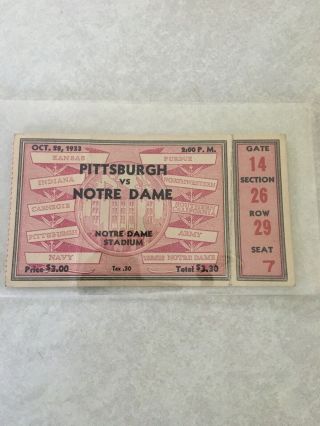 1933 Notre Dame Vs Pittsburgh Football Ticket