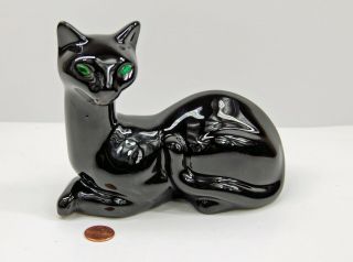 Vintage Retro Mid Century Modern Black Ceramic Cat Figurine W/ Green Glass Eyes