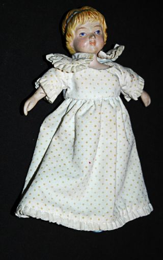 Creepy Vintage Porcelain Handmade Young Girl Doll In Long Polka Dot Dress