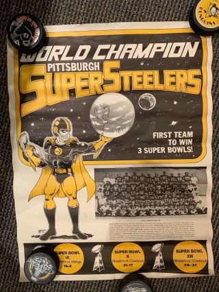 Pittsburgh Steelers World Champs 3 Superbowls Vintage Poster 22 X 17 In.  Torn