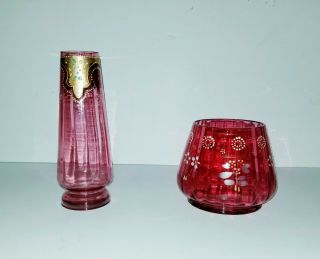 Antique Moser Bohemian Art Glass Cranberry Enameled Vase & Bowl Set