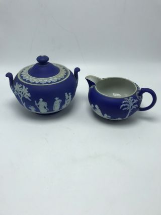 Wedgewood England Portland Blue Jasperware Sugar Bowl & Lid,  Creamer Antique