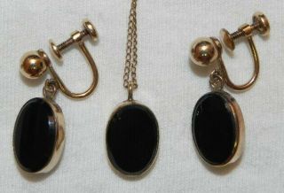 Vintage Van Dell 12k Gold Filled Black Onyx Pendant 16 1/2 " Necklace Earring Set