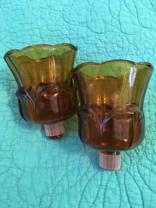 Set Of 2 Vintage Amber Glass Votive / Candle Stick Holders