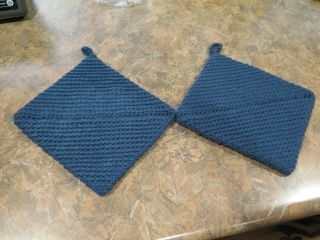 Blue Hot Pad Potholders Handmade Crochet Double Thickness Vintage Set Of 2