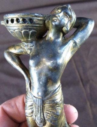 Antique Old Spelter Metal Art Nouveau Nude Woman Deco Incense Burner Statue Lady 2