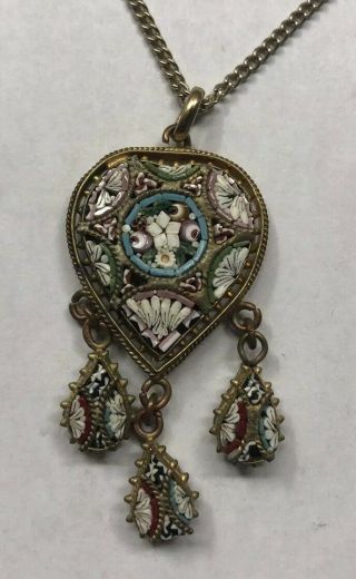 Antique Vintage Italian Micro Mosaic Heart Dangle Drop Necklace