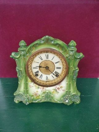 Ansonia Antique Porcelain Mantle Clock " Talisman " Dark Green Floral With Key
