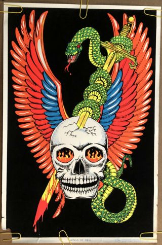 Vintage Poster Wings Of Hell Black Light Velvet Flocked Pin Up Headshop