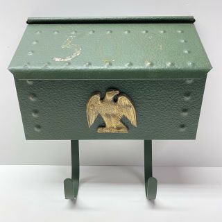 Vintage Green Metal Mailbox With Newspaper Holder Eagle Crest Wall Mount