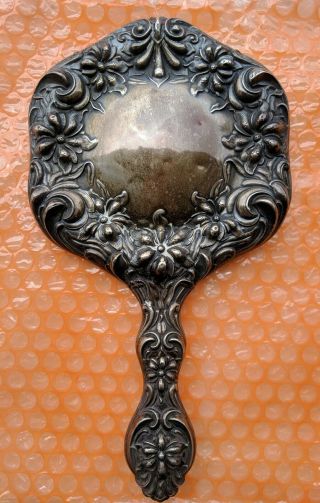 Large 10 " X 5 1/2 " Ornate Fancy Floral Repousse Sterling Hand Mirror No Monogram