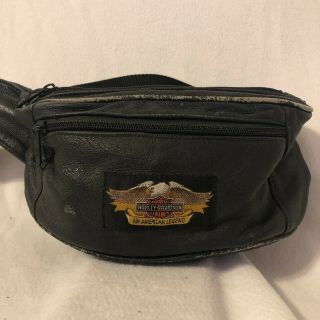 Vintage Harley Davidson Motorcycle Black Leather Fanny Pack Pouch 2 Zippers
