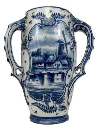 Antique Royal Bonn Dutch Delft Ship Floral Windmill Blue White Painted 4023 Vase