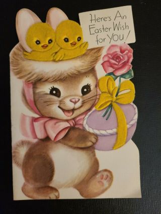 Vtg Rust Craft Easter Greeting Card Diecut Flock Baby Chicks Bunny Rose M.  Cooper