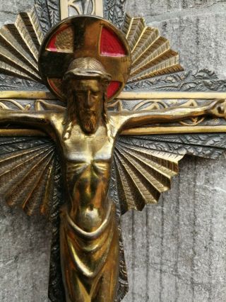 Big Antique Vintage Art Deco Priests Room Bronze Metal Wall Cross Jesus Copus