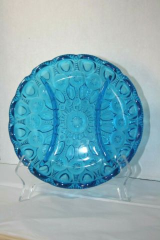 Vintage Le Smith Moon And Stars Blue Glass Divided Relish Plate Dish 8.  5 "