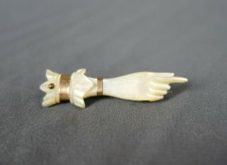 Antique 19th C Victorian Hand Carved Mother Of Pearl Figural Hand Pin Brooch