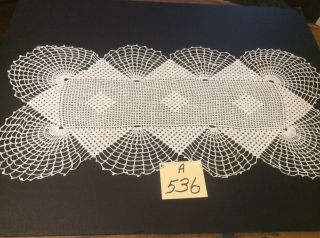 Crocheted Vintage White Doily Filet Stitch W/ Airy Fans Along The Sides 26”x12”