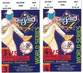 Yankees 1999 World Series Ticket Stubs Game 3,  4 W/ Bonus Playoff Tickets