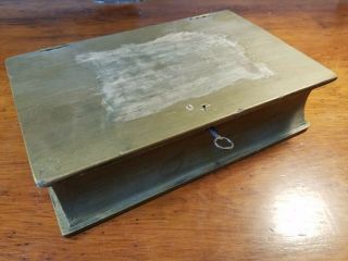 Antique Vintage Book Shaped Wood Box W/ Lock And Key