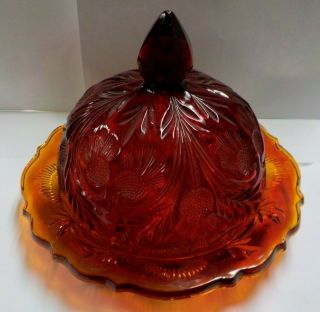 Vintage Amber Heavy Pressed Glass Domed Butter Cheese Dish W/ Lid Thistles