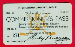 Scarce 1962/63 International Hockey League Press Pass