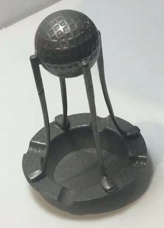 Antique Golf Metal Ashtray With Mesh Ball And Antique Clubs On It C1920