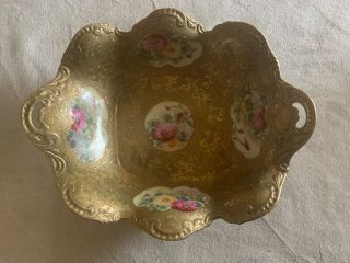 Antique Nippon Hand Painted Floral Heavy Gold & Moriage Serving Bowl