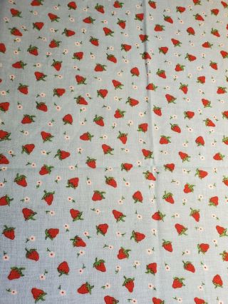 Vintage Cotton Fabric Strawberry Blue Print Remnant 37x49 "