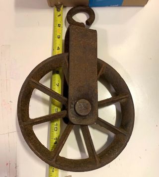 Antique Cast Iron Pulley With Hook Rustic Farm Barn Tool Primitive 8 " Diameter