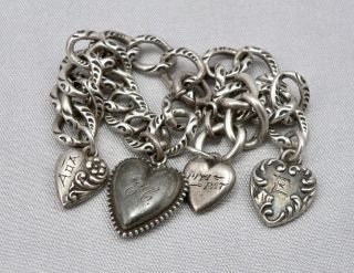 Vintage Antique Sterling Silver Charm Starter Bracelet With 4 Puffy Heart Charms