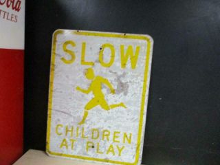 Vintage Slow Children At Play Sign 24 X 18 Inch Old Heavy Metal Patina