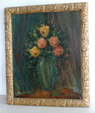 Antique 19th Cent.  " 5 Roses " Oil Painting Signed Elvers Gold Frame