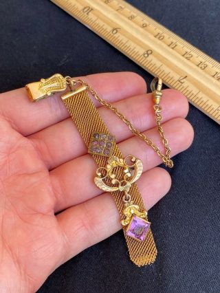 Antique S.  B Co Gold Filled Mesh Ornate Pocket Watch Chain Fob Purple Stones 4.  5”