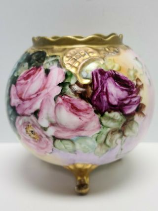 Antique Hand Painted Vienna Austria Porcelain Footed Rose Bowl Roses 5.  ¼ " Tall