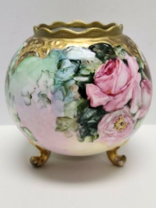 ANTIQUE HAND PAINTED VIENNA AUSTRIA PORCELAIN FOOTED ROSE BOWL ROSES 5.  ¼ 