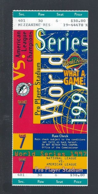 Vintage 1997 World Series Full Ticket Indians @ Florida Marlins Game 7 Clincher