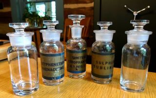 5 Antique Glass Apothecary Bottles W/paper Label & Ground Stoppers Lids