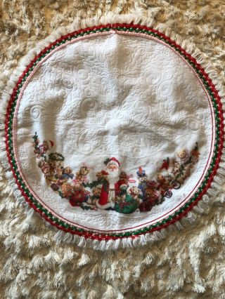 Vintage 40 " Ruth Morehead White Felt Christmas Tree Skirt Table Teddybear Fringe