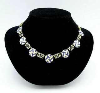 1920 Art Deco Filigree Blue White Enamel Necklace 15 "
