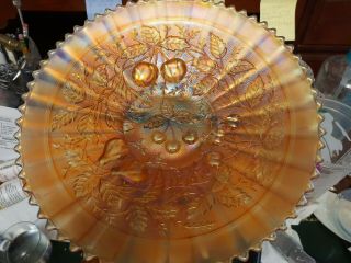 Antique Northwood Marigold Three Fruits Iridescent Carnival Glass Bowl,  9 "