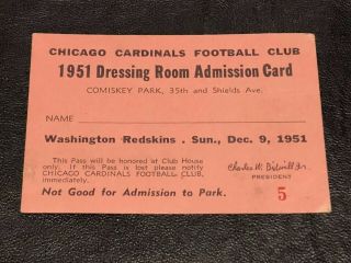 Vintage 1951 Redskins @ Chicago Cardinals Locker Room Press Pass Rare